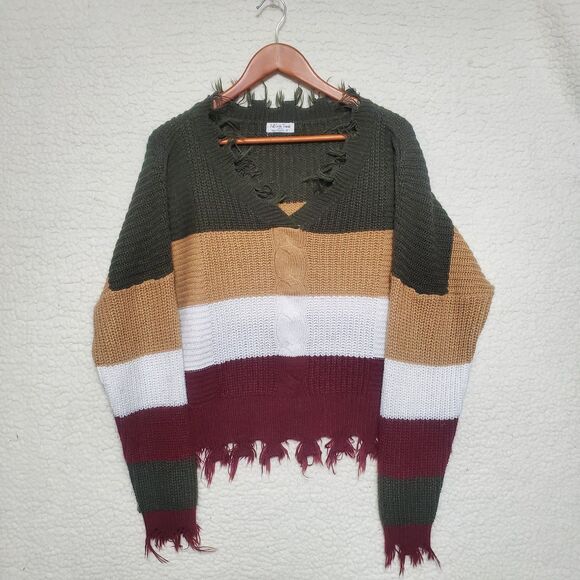 Cute Slouchy Fringed Green Camel White and Maroon Long Sleeved Sweater Size 3X - Picture 1 of 15